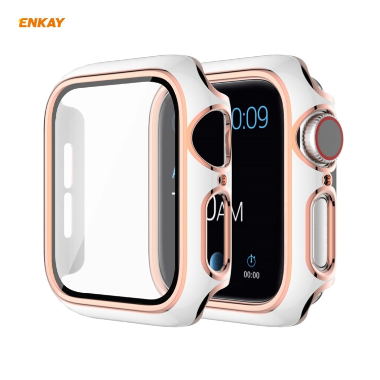 ENKAY Hat-Prince Full Coverage Electroplated PC Case + Tempered Glass Protector for Apple Watch Series 6 / 5 / 4 / SE 44mm, For Apple Watch Series 6 / 5 / 4 / SE 44mm For Apple Watch Series 6 5 4 SE 44mm White+Champagne