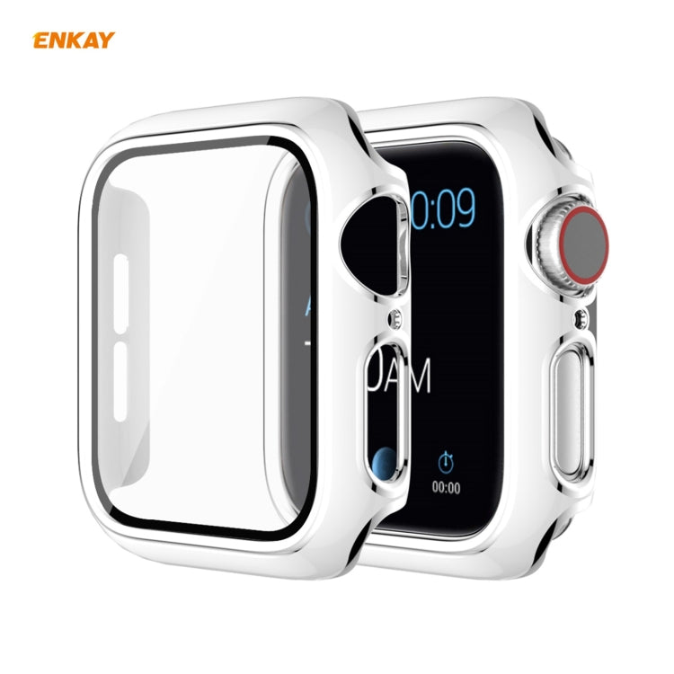 ENKAY Hat-Prince Full Coverage Electroplated PC Case + Tempered Glass Protector for Apple Watch Series 6 / 5 / 4 / SE 44mm – Tempered Glass, For Apple Watch Series 6 / 5 / 4 / SE 44mm For Apple Watch Series 6 5 4 SE 44mm White+Silver