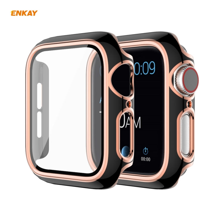 ENKAY Hat-Prince Full Coverage Electroplated PC Case + Tempered Glass Protector for Apple Watch Series 6 / 5 / 4 / SE 44mm – Tempered Glass, For Apple Watch Series 6 / 5 / 4 / SE 44mm For Apple Watch Series 6 5 4 SE 44mm Black+Champagne