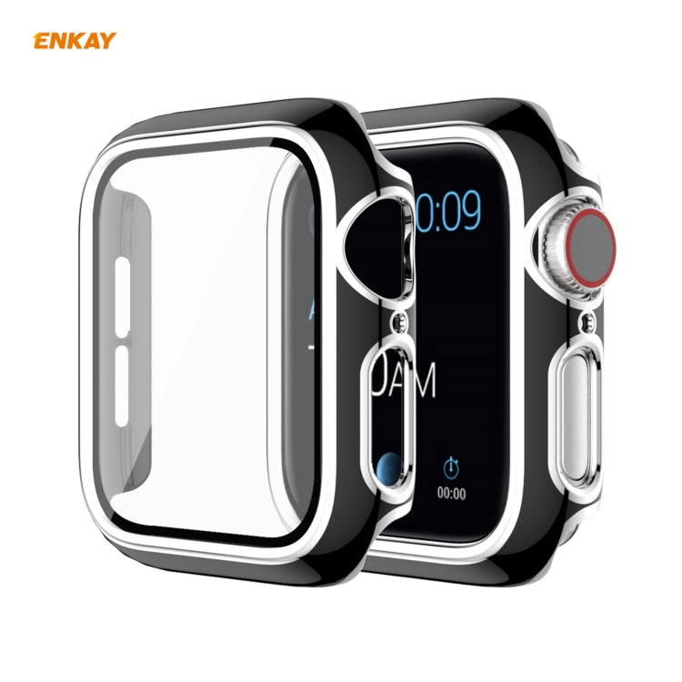 ENKAY Hat-Prince Full Coverage Electroplated PC Case + Tempered Glass Protector for Apple Watch Series 6 / 5 / 4 / SE 44mm – Tempered Glass, For Apple Watch Series 6 / 5 / 4 / SE 44mm For Apple Watch Series 6 5 4 SE 44mm Black+Silver