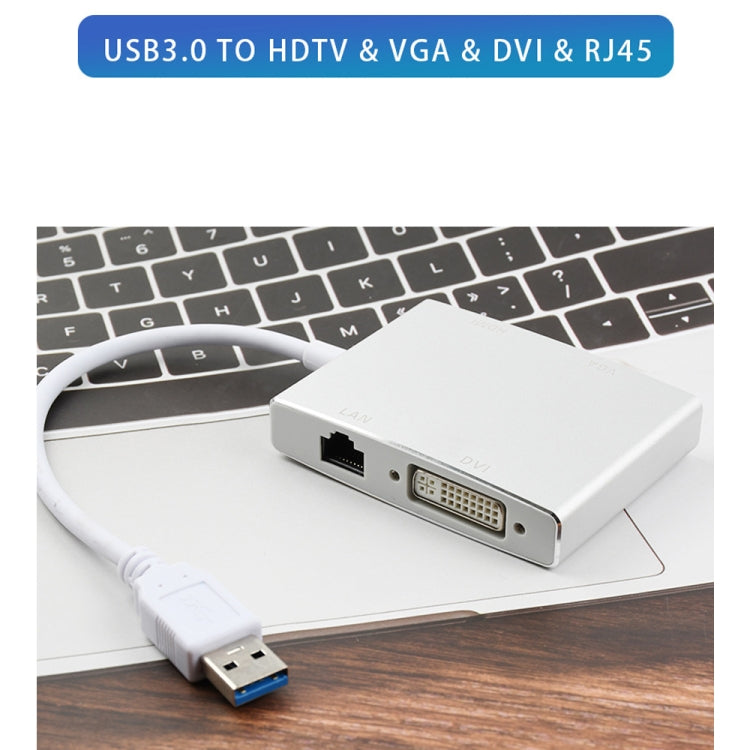 WS-03 4 in 1 USB 3.0 to VGA + HDMI + DVI + RJ45 Network Card Ethernet Converter – Aluminum Alloy, 4K