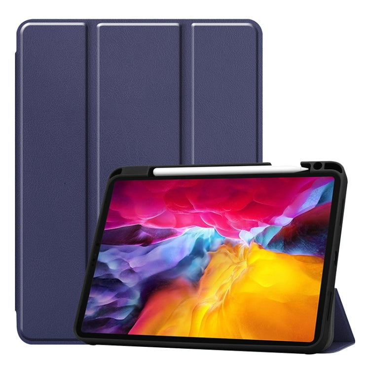 ENKAY 3-Folding Shockproof TPU Cover Custer Texture PU Leather Case with Pencil Slot & Holder & Sleep / Wake-up Function for iPad Pro 11 2021 / 2020 – Shockproof, Magnetic, Leather Dark Blue
