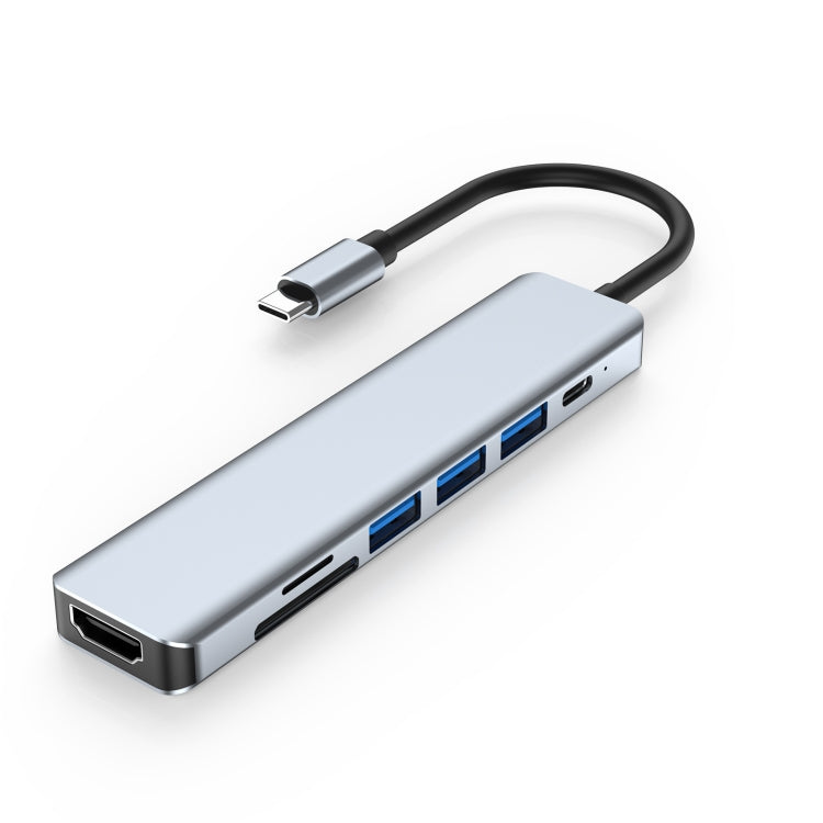 7 In 1 HDMI+SD/TF+USB2.0x2+USB3.0+PD to Type-C HUB Docking Station – Aluminum Alloy, 4K