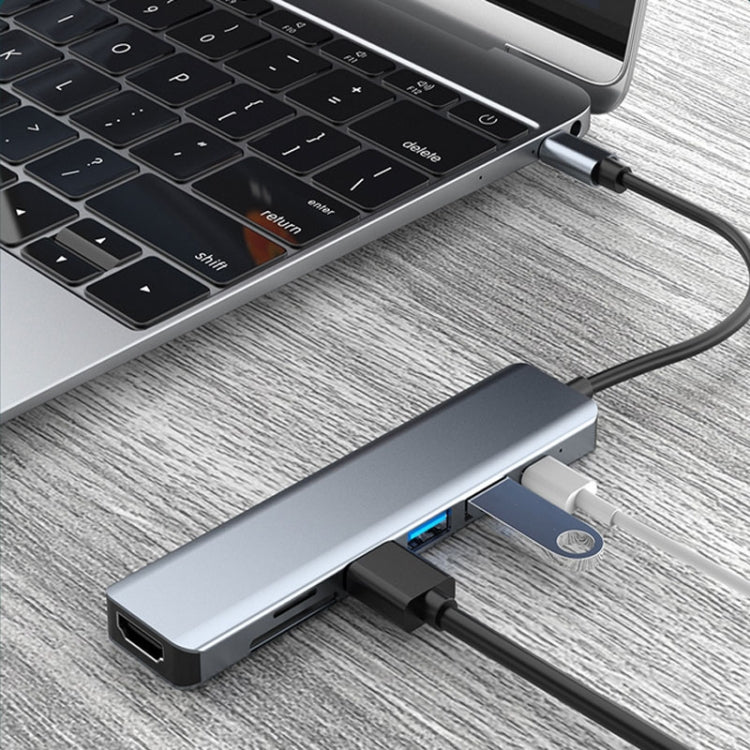 7 In 1 HDMI+SD/TF+USB2.0x2+USB3.0+PD to Type-C HUB Docking Station – Aluminum Alloy, 4K