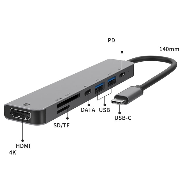UC902 7-in-1 Multi-function HDMI+SD/TF+USB x 2+Type-C+PD to USB-C / Type-C Aluminum Alloy HUB – Aluminum Alloy, TPU, 4K