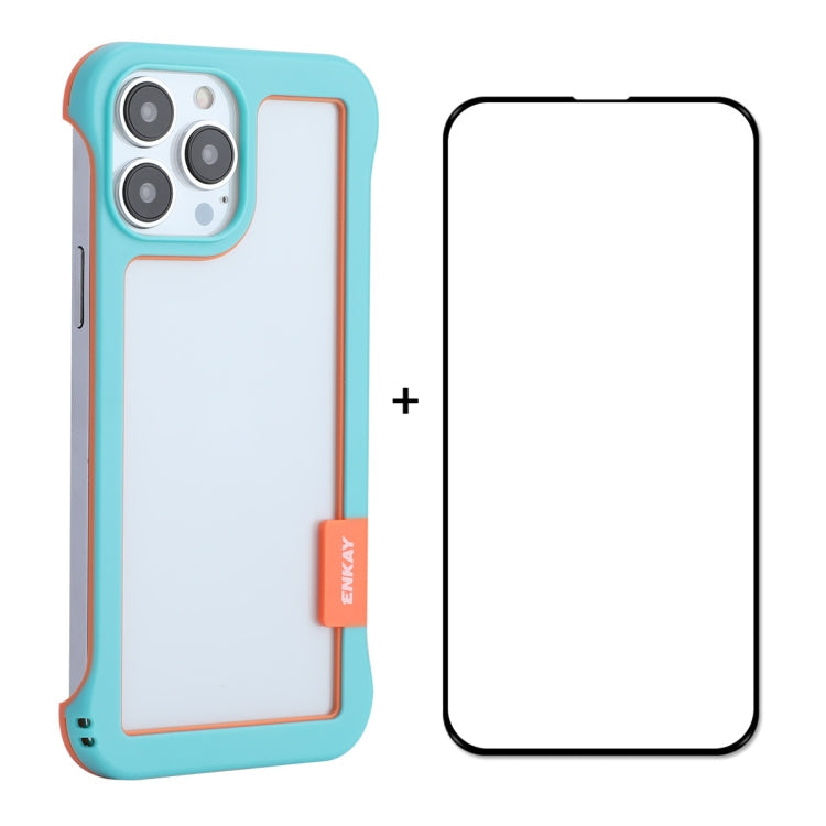 ENKAY Frameless Hollow PC Case + Glass Film for iPhone 13 Pro Max – Durable Build, Easy to Use, For iPhone 13 Pro Max For iPhone 13 Pro Max Blue