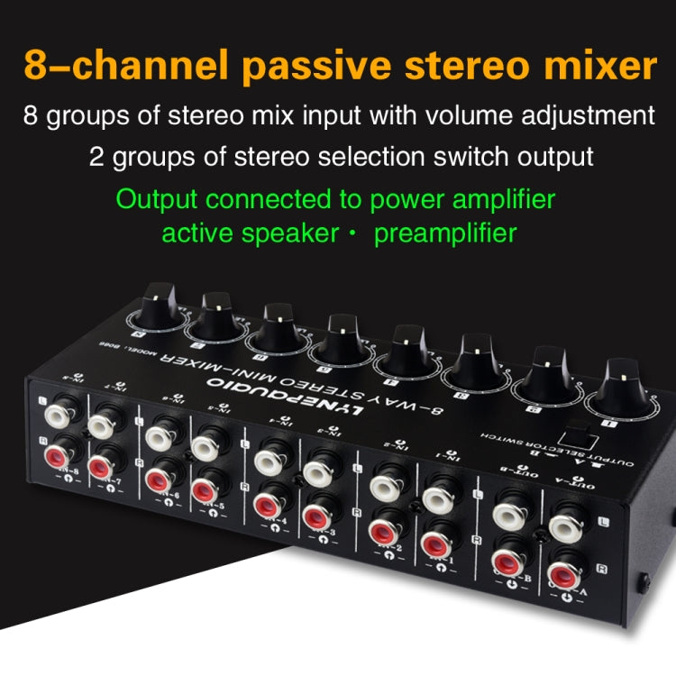 B066 Mini Stereo 8 Channel RCA Non Source Sound Passive Mixer, No Power Supply, 8 Channel RCA – TPU