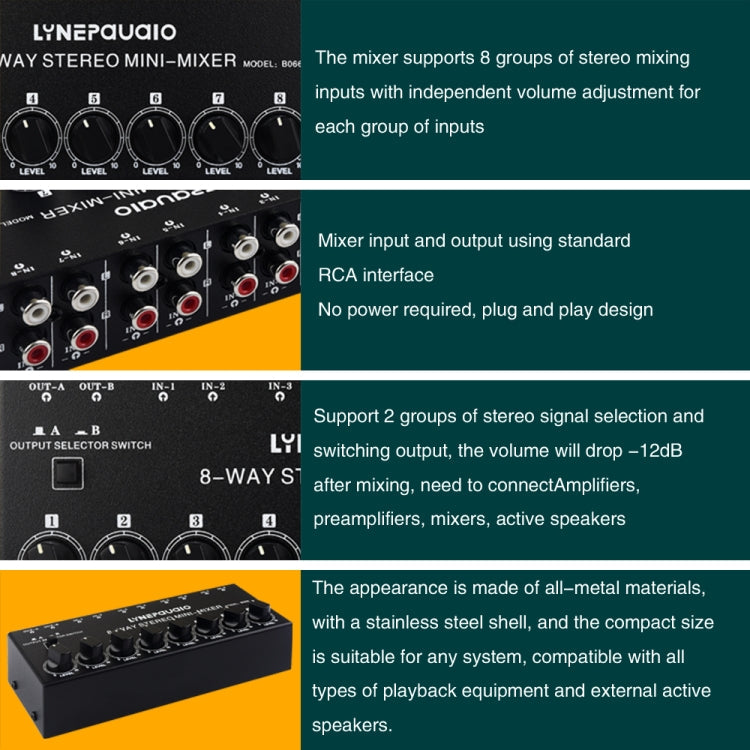 B066 Mini Stereo 8 Channel RCA Non Source Sound Passive Mixer, No Power Supply, 8 Channel RCA – TPU