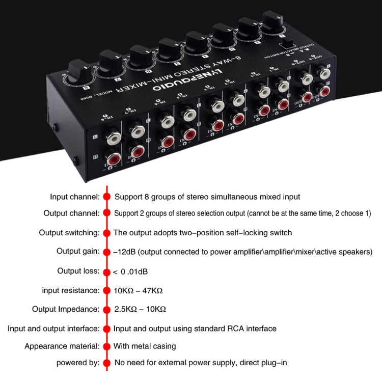 B066 Mini Stereo 8 Channel RCA Non Source Sound Passive Mixer, No Power Supply, 8 Channel RCA – TPU