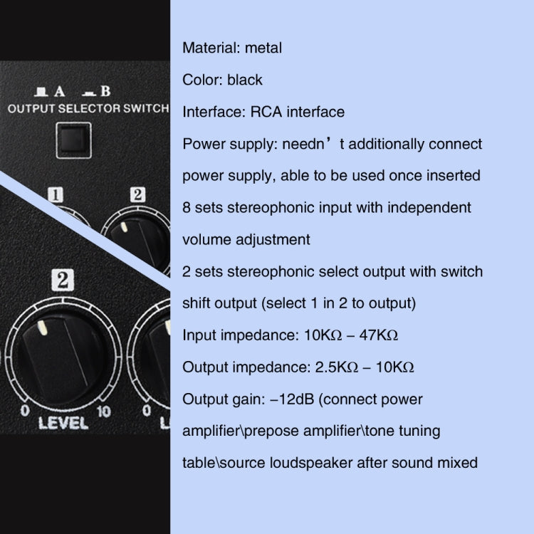 B066 Mini Stereo 8 Channel RCA Non Source Sound Passive Mixer, No Power Supply, 8 Channel RCA – TPU