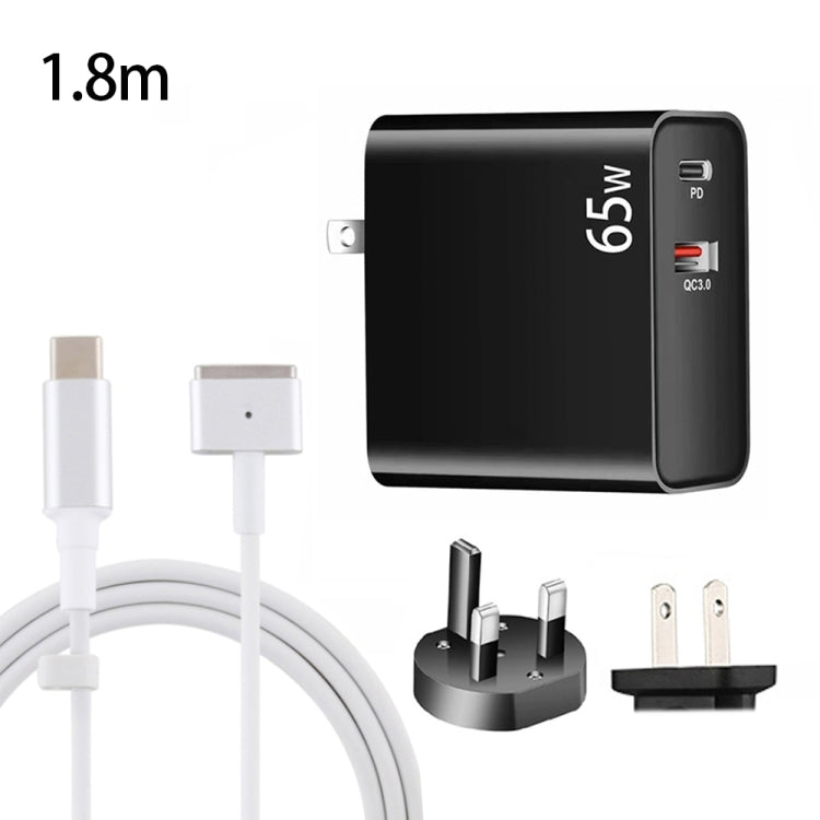PD-65W USB-C / Type-C + QC3. 0 USB Laptop Charging Adapter + 1.8m USB-C / Type-C to MagSafe 2 / T Head Data Cable, UK Plug / US Plug, MagSafe 2 / T Cable, UK Plug / US Plug MagSafe 2 T Cable, UK Plug US Plug Black