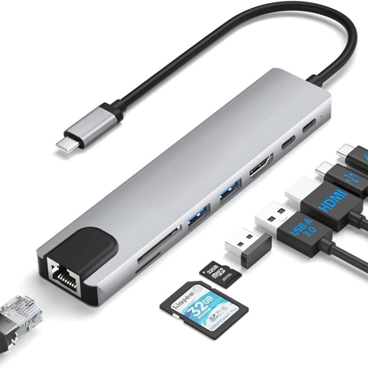 DS-20808 8 in 1 USB-C / Type-C Hub Multiport Adapter with 4K HDMI,USB 3.0 SD/TF Card Reader, USB C Dongle for MacBook Pro/Air and Other Type C Devices, 8 in 1 – Data Transmission, TPU, 4K 8 in 1