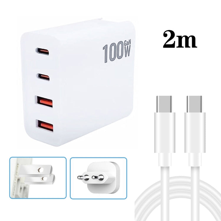 GaN 100W Dual USB + Dual USB-C/Type-C Multi Port Charger with 2m Type-C to Type-C Data Cable Set, US Plug, US / EU Plug, US / UK Plug, US / AU Plug, US / EU / UK Plug, US / EU / UK / AU Plug – Fast Charging, Data Transmission, TPU US EU Plug