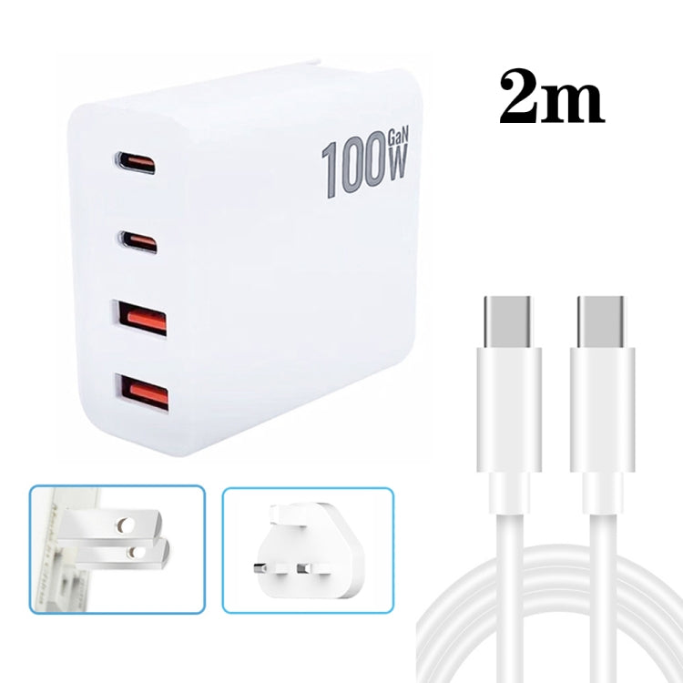 GaN 100W Dual USB + Dual USB-C/Type-C Multi Port Charger with 2m Type-C to Type-C Data Cable Set, US Plug, US / EU Plug, US / UK Plug, US / AU Plug, US / EU / UK Plug, US / EU / UK / AU Plug – Fast Charging, Data Transmission, TPU US UK Plug