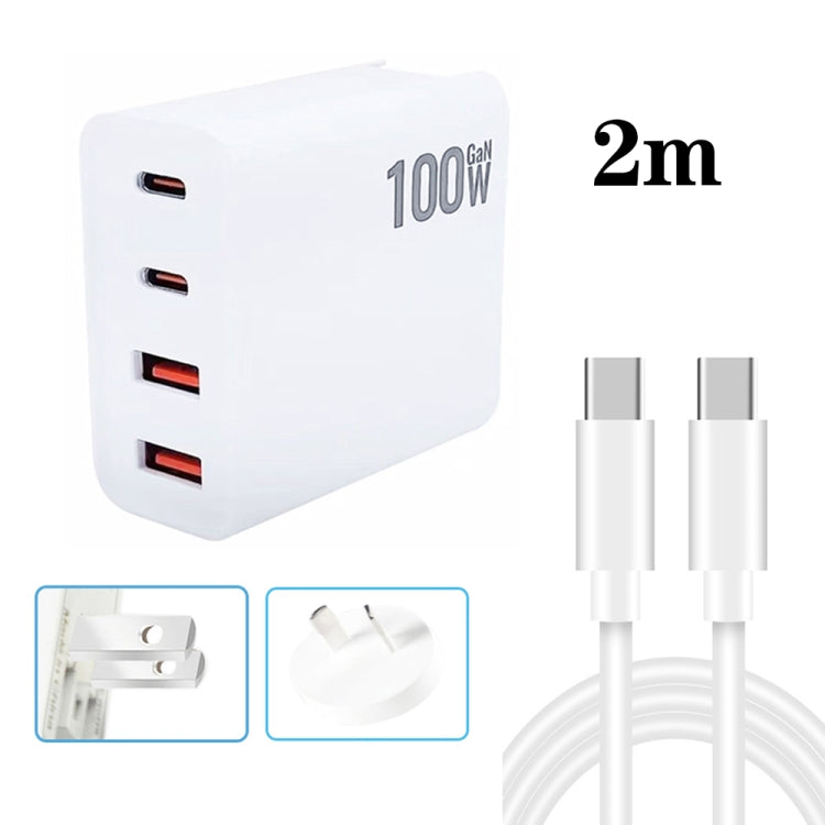 GaN 100W Dual USB + Dual USB-C/Type-C Multi Port Charger with 2m Type-C to Type-C Data Cable Set, US Plug, US / EU Plug, US / UK Plug, US / AU Plug, US / EU / UK Plug, US / EU / UK / AU Plug – Fast Charging, Data Transmission, TPU US AU Plug