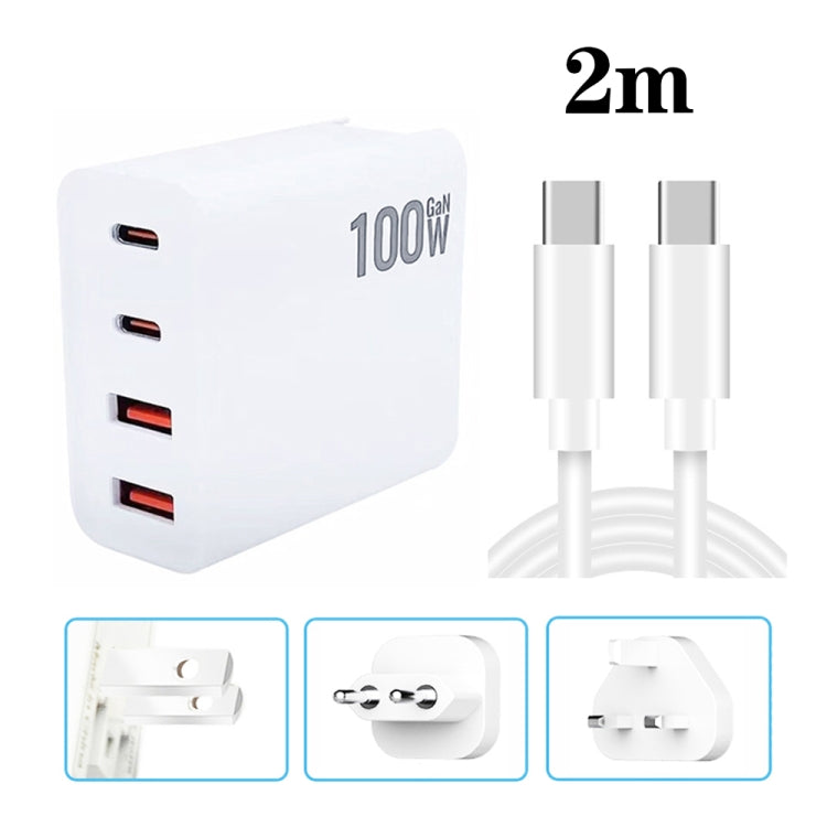 GaN 100W Dual USB + Dual USB-C/Type-C Multi Port Charger with 2m Type-C to Type-C Data Cable Set, US Plug, US / EU Plug, US / UK Plug, US / AU Plug, US / EU / UK Plug, US / EU / UK / AU Plug – Fast Charging, Data Transmission, TPU US EU UK Plug