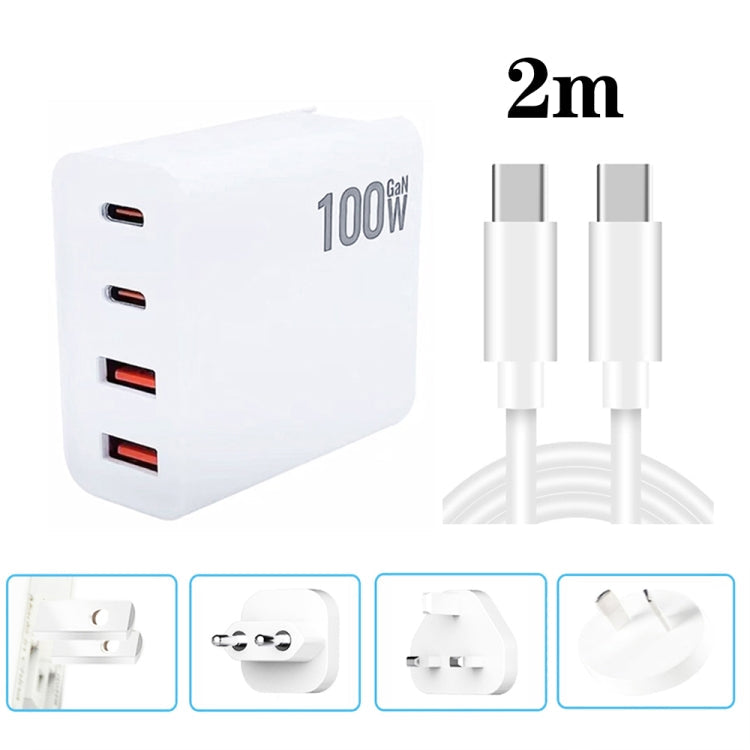 GaN 100W Dual USB + Dual USB-C/Type-C Multi Port Charger with 2m Type-C to Type-C Data Cable Set, US Plug, US / EU Plug, US / UK Plug, US / AU Plug, US / EU / UK Plug, US / EU / UK / AU Plug – Fast Charging, Data Transmission, TPU US EU UK AU Plug