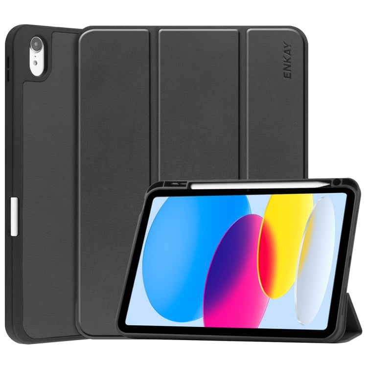 For iPad 10.9 2022 ENKAY TPU Back Cover Smart Leather Stand Tablet Case with Pen Slot Black