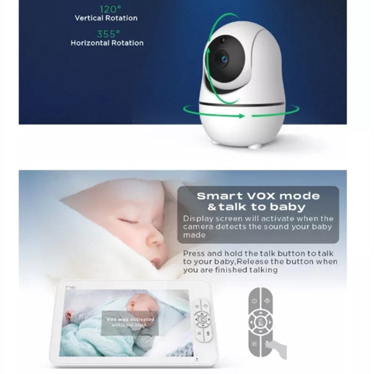 SM70PTZ 7 inch Screen 2.4GHz Wireless Digital Baby Monitor, Auto Night Vision / Two-way Voice Intercom, SM70PTZ