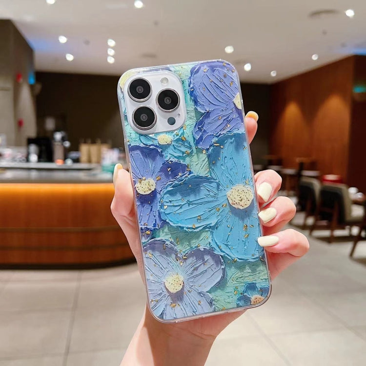 Gold Foil Oil Painting Epoxy TPU Phone Case, For iPhone 14 Pro Max, For iPhone 14 Plus, For iPhone 14 Pro, For iPhone 14 For iPhone 14 Pro Max Blue Purple flowers1