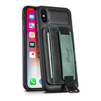 Suteni H13 Card Wallet Wrist Strap Holder PU Phone Case, For iPhone X / XS, For iPhone XR, For iPhone XS Max For iPhone X XS Black