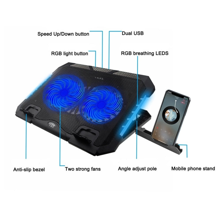 S900 Dual USB Ports Adjustable Height RGB Laptop Cooling Pad Stand, S900 – Non-slip