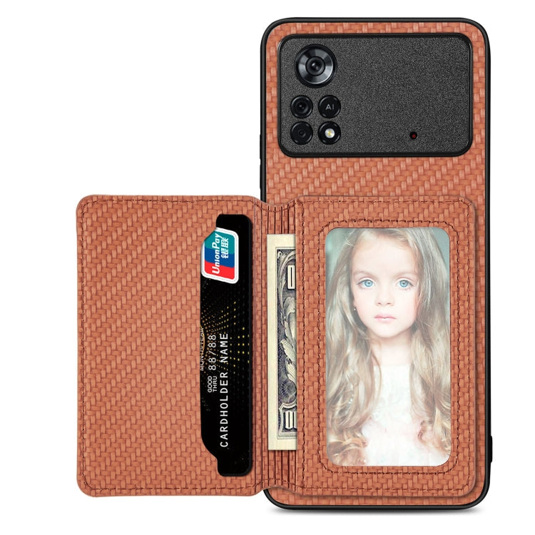 Carbon Fiber Magnetic Card Wallet Bag Phone Case – Magnetic, For Xiaomi Poco X4 Pro 5G, For Xiaomi Poco X5 Pro 5G, For Samsung Galaxy A22 5G, For Samsung Galaxy A32 5G For Xiaomi Poco X4 Pro 5G Brown