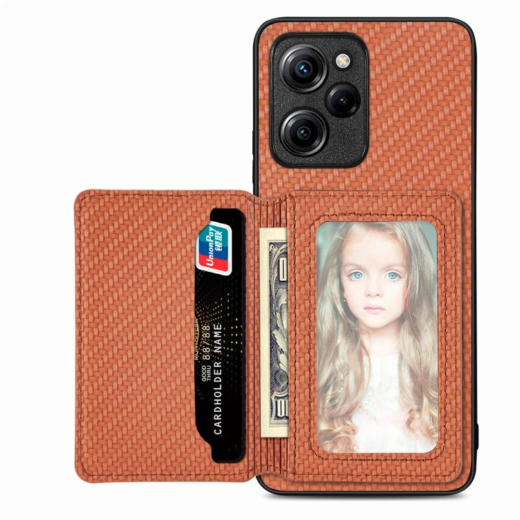 Carbon Fiber Magnetic Card Wallet Bag Phone Case – Magnetic, For Xiaomi Poco X4 Pro 5G, For Xiaomi Poco X5 Pro 5G, For Samsung Galaxy A22 5G, For Samsung Galaxy A32 5G For Xiaomi Poco X5 Pro 5G Brown
