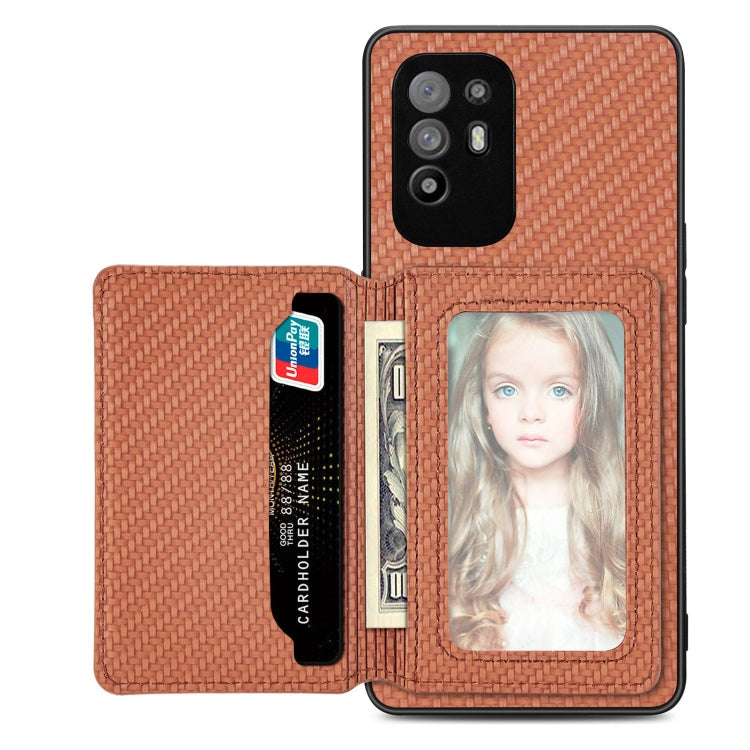 Carbon Fiber Magnetic Card Bag Phone Case – Magnetic, For OPPO A78, For OPPO A94 5G, For OPPO Find X6 Pro, For OPPO Find X6 For OPPO A94 5G Brown
