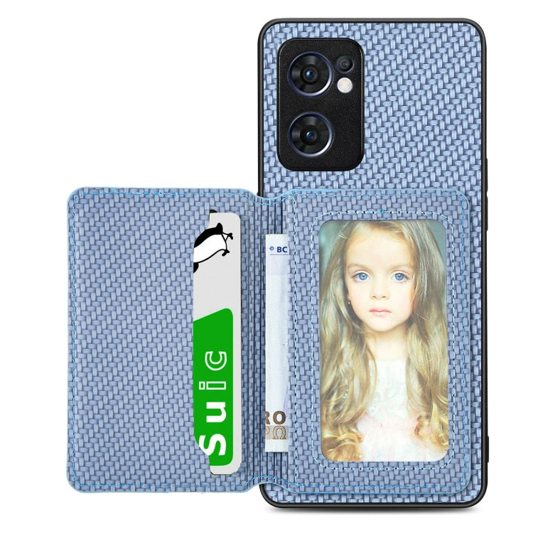 Carbon Fiber Magnetic Card Bag Phone Case – Magnetic, For OPPO Reno5 5G, For OPPO Reno7 5G, For OPPO Reno8 T 4G, For vivo X70 For OPPO Reno7 5G Blue