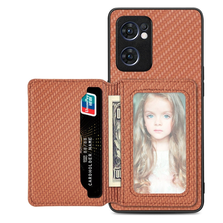 Carbon Fiber Magnetic Card Bag Phone Case – Magnetic, For OPPO Reno5 5G, For OPPO Reno7 5G, For OPPO Reno8 T 4G, For vivo X70 For OPPO Reno7 5G Brown