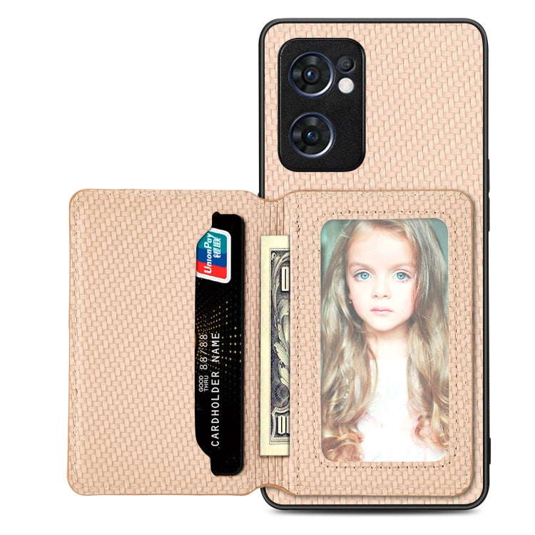 Carbon Fiber Magnetic Card Bag Phone Case – Magnetic, For OPPO Reno5 5G, For OPPO Reno7 5G, For OPPO Reno8 T 4G, For vivo X70 For OPPO Reno7 5G Khaki