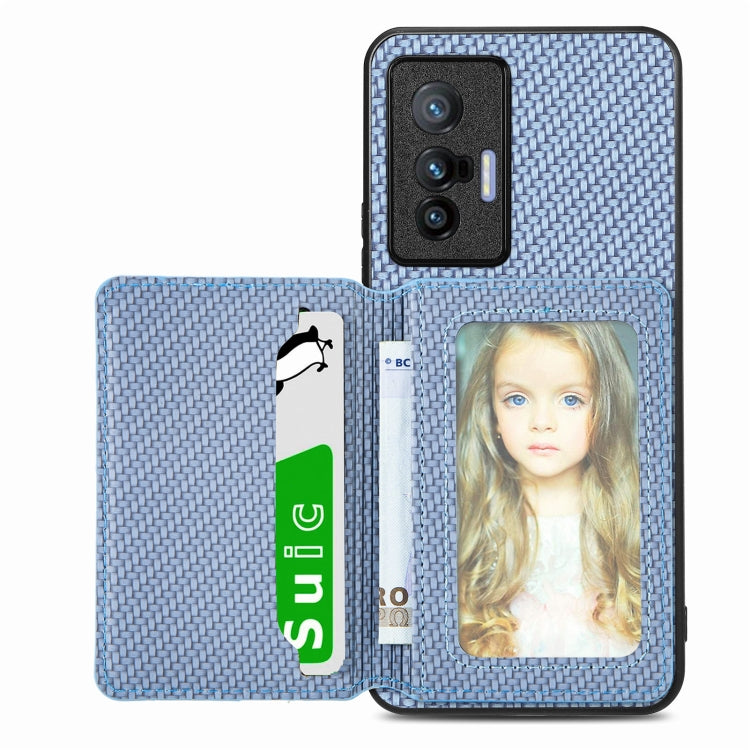 Carbon Fiber Magnetic Card Bag Phone Case – Magnetic, For OPPO Reno5 5G, For OPPO Reno7 5G, For OPPO Reno8 T 4G, For vivo X70 For vivo X70 Blue