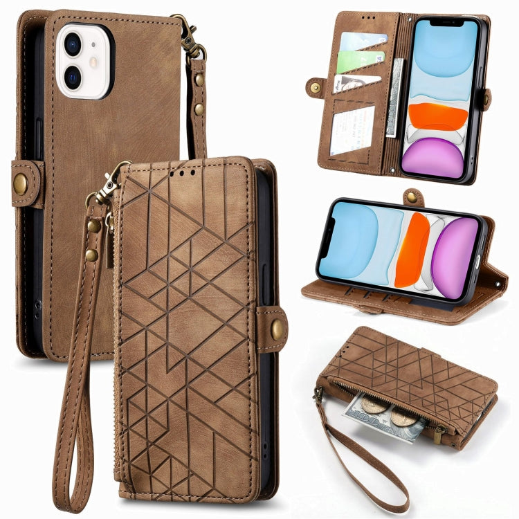 Geometric Zipper Wallet Side Buckle Leather Phone Case, For iPhone 11, For iPhone 11 Pro, For iPhone X / XS, For iPhone XR For iPhone 11 Brown