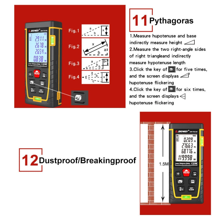 SNDWAY Double Horizontal bubble Rangefinder Laser Distance Meter Range Hand Tool Device SW-TG50