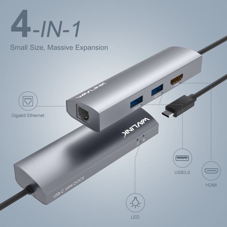 WAVLINK WL-UHP3408 USB HUB Adapter 4-in-1 Type-C to HD + 2xUSB3.0 + Gigabit RJ45 Docking Station, UHP3408 – Data Transmission, TPU, 4K