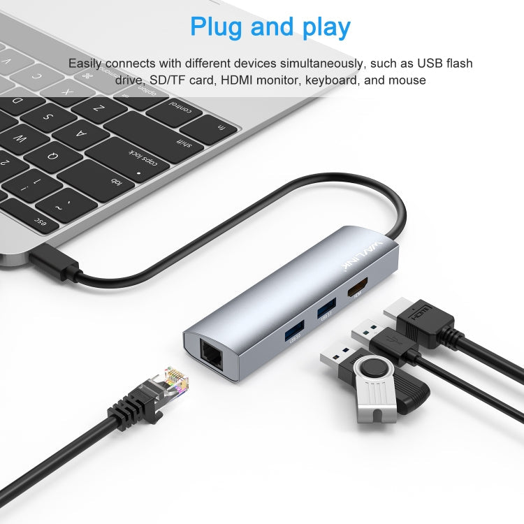 WAVLINK WL-UHP3408 USB HUB Adapter 4-in-1 Type-C to HD + 2xUSB3.0 + Gigabit RJ45 Docking Station, UHP3408 – Data Transmission, TPU, 4K