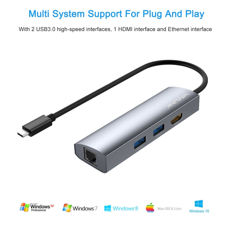 WAVLINK WL-UHP3408 USB HUB Adapter 4-in-1 Type-C to HD + 2xUSB3.0 + Gigabit RJ45 Docking Station, UHP3408 – Data Transmission, TPU, 4K