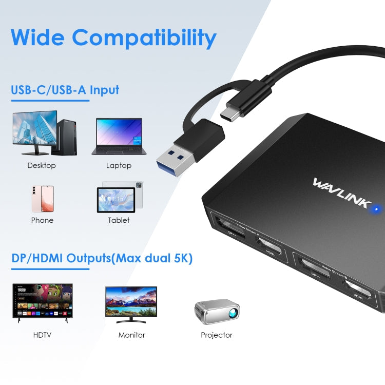 WAVLINK WL-UG69DH2 Dual Monitor USB+Type-C to Dual 4K HD DisplayPort Adapter Splitter, WL-UG69DH2 – Flip, Aluminum Alloy, Plug-and-play