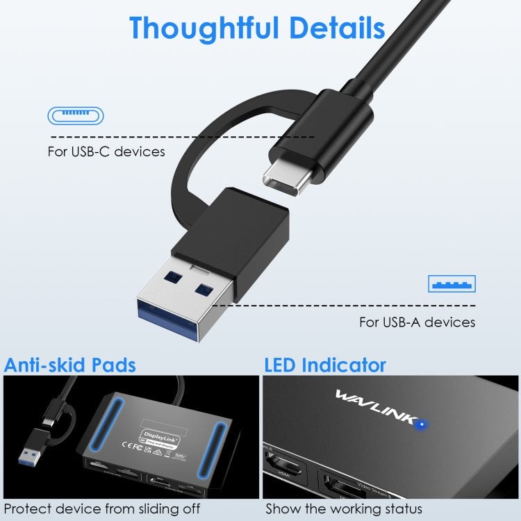 WAVLINK WL-UG69DH2 Dual Monitor USB+Type-C to Dual 4K HD DisplayPort Adapter Splitter, WL-UG69DH2 – Flip, Aluminum Alloy, Plug-and-play