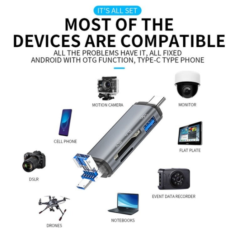 ADS-307 Data Transfer OTG Adapter USB / Type-C / Micro Plug SD TF Card U-Disk Reader, ADS-307 – Aluminum Alloy