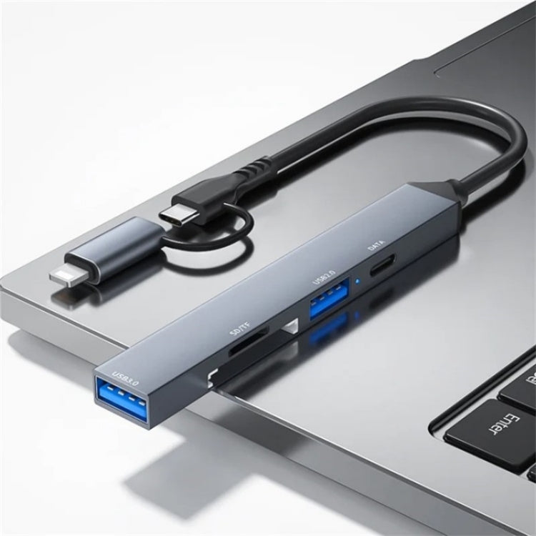 ADS-805 8 Pin + Type-C to USB-C Data + USB 2.0 / 3.0 + SD / TF Card Reader Hub Expansion Converter, ADS-805 – Aluminum Alloy