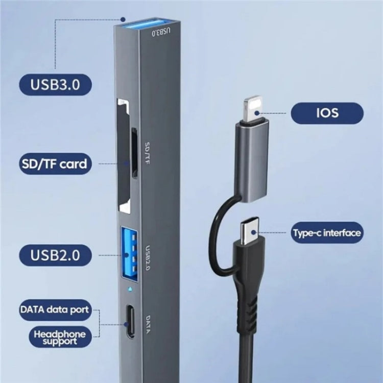 ADS-805 8 Pin + Type-C to USB-C Data + USB 2.0 / 3.0 + SD / TF Card Reader Hub Expansion Converter, ADS-805 – Aluminum Alloy