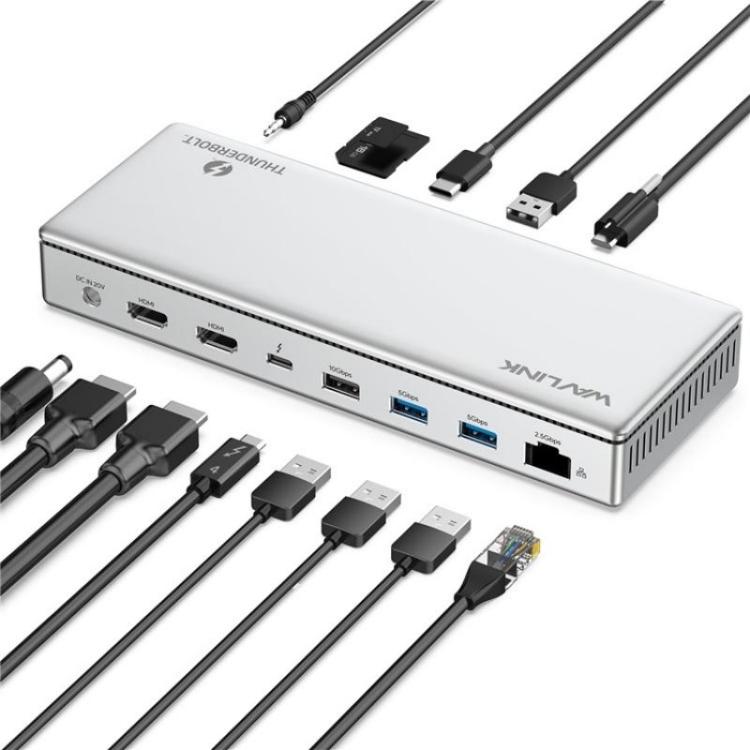 WAVLINK UTD45 96W Charging 8K / 4K Display Thunderbolt 4 Docking Station 13-in-1 Hub, US Plug, UK Plug, EU Plug, AU Plug – Card Slot, Aluminum Alloy, Data Transmission EU Plug