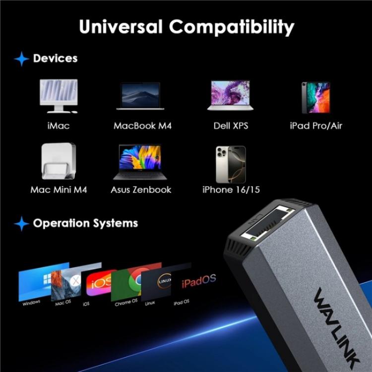 WAVLINK WL-NWU341G Laptop USB-C to 5000Mbps RJ45 LAN Ethernet Network Adapter, NWU341G – Aluminum Alloy