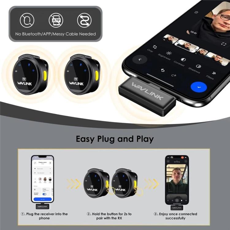 WAVLINK 608C Magnetic Lavalier Wireless Dual Microphone with 8 Pin RX Receiver, 608C – Magnetic, Bluetooth