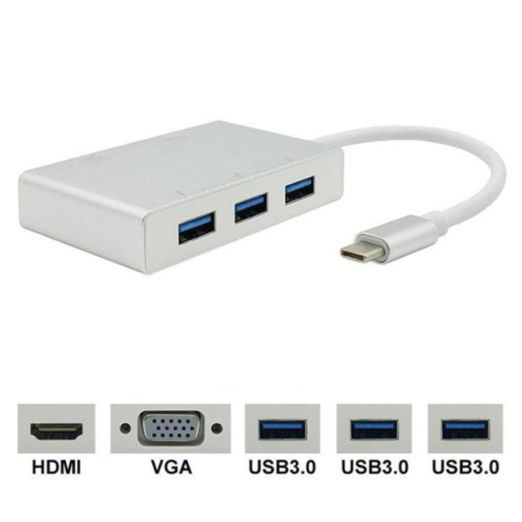 USB C to HDMI VGA USB Hub Adapter 5 in 1 USB 3.1 Converter for Laptop for MacBook,ChromeBook Pixel,Huawei MateBook, HDMI+VGA+3xUSB3.0 to Type-C – Aluminum Alloy, TPU