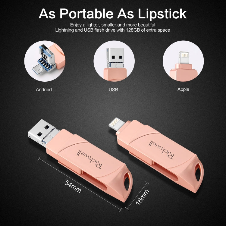 Richwell DXZ128 USB Flash Disk 128G 3 in 1 Micro USB + 8 Pin + USB 3.0 Compatible IPhone & IOS, Black, Silver, Rose Gold
