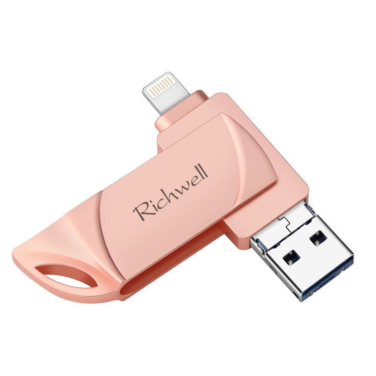 Richwell DXZ128 USB Flash Disk 128G 3 in 1 Micro USB + 8 Pin + USB 3.0 Compatible IPhone & IOS, Black, Silver, Rose Gold – Durable Build, Easy to Use Rose Gold