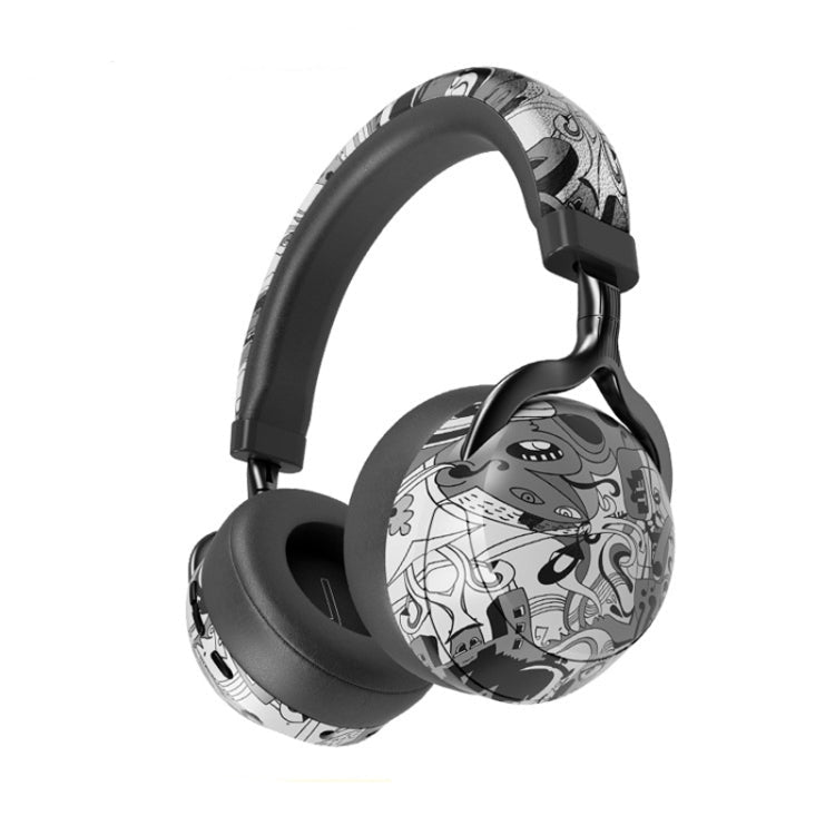 VJ086 Graffiti Headset Wireless Sports Bluetooth Headset Water Transfer Color Print Headset, Support TF, FM – Bluetooth Black+White